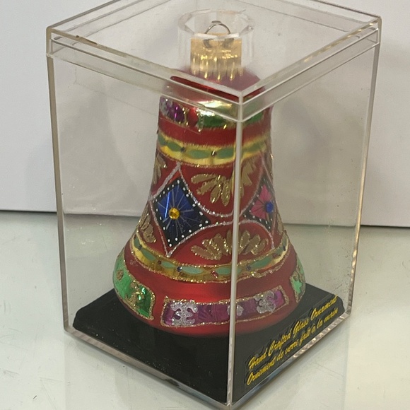 Glass CHRISTMAS ORNAMENT Red Bell Hand Decorated Ornate Large 4”Danson - Picture 2 of 9